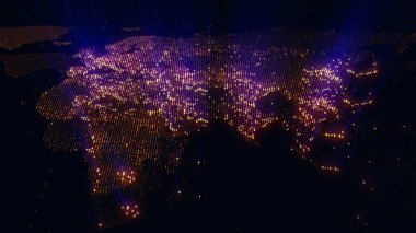 Dünya 'nın dijital haritasının 3 boyutlu görüntüsü. Megacities 'in ışıkları yumuşak bir parıltıyla birleşir. Herhangi bir fotoğraf, video, grafik veya proje için mükemmel arkaplan