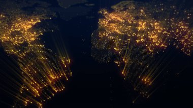 Dünya 'nın dijital haritasının 3 boyutlu görüntüsü. Megacities 'in ışıkları yumuşak bir parıltıyla birleşir. Herhangi bir fotoğraf, video, grafik veya proje için mükemmel arkaplan
