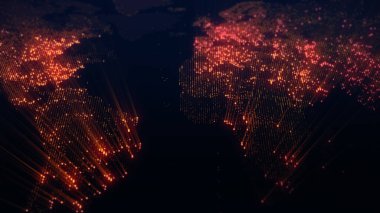 Dünya 'nın dijital haritasının 3 boyutlu görüntüsü. Megacities 'in ışıkları yumuşak bir parıltıyla birleşir. Herhangi bir fotoğraf, video, grafik veya proje için mükemmel arkaplan