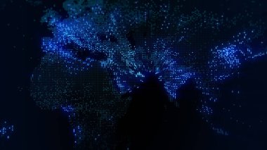 Dünya 'nın dijital haritasının 3 boyutlu görüntüsü. Megacities 'in ışıkları yumuşak bir parıltıyla birleşir. Herhangi bir fotoğraf, video, grafik veya proje için mükemmel arkaplan