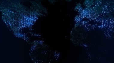 Dünya 'nın dijital haritasının 3 boyutlu görüntüsü. Megacities 'in ışıkları yumuşak bir parıltıyla birleşir. Herhangi bir fotoğraf, video, grafik veya proje için mükemmel arkaplan