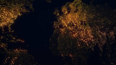 Dünya 'nın dijital haritasının 3 boyutlu görüntüsü. Megacities 'in ışıkları yumuşak bir parıltıyla birleşir. Herhangi bir fotoğraf, video, grafik veya proje için mükemmel arkaplan