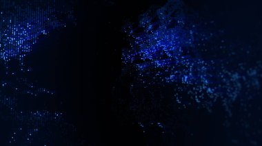 Dünya 'nın dijital haritasının 3 boyutlu görüntüsü. Megacities 'in ışıkları yumuşak bir parıltıyla birleşir. Herhangi bir fotoğraf, video, grafik veya proje için mükemmel arkaplan