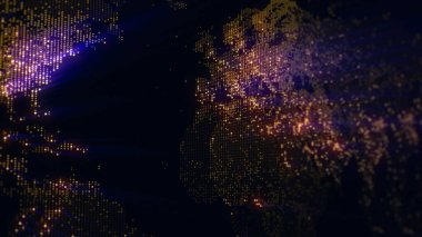 Dünya 'nın dijital haritasının 3 boyutlu görüntüsü. Megacities 'in ışıkları yumuşak bir parıltıyla birleşir. Herhangi bir fotoğraf, video, grafik veya proje için mükemmel arkaplan