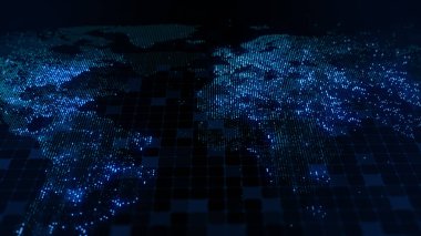 Dünya 'nın dijital haritasının 3 boyutlu görüntüsü. Megacities 'in ışıkları yumuşak bir parıltıyla birleşir. Herhangi bir fotoğraf, video, grafik veya proje için mükemmel arkaplan