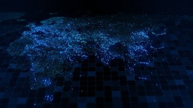 Dünya 'nın dijital haritasının 3 boyutlu görüntüsü. Megacities 'in ışıkları yumuşak bir parıltıyla birleşir. Herhangi bir fotoğraf, video, grafik veya proje için mükemmel arkaplan