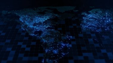 Dünya 'nın dijital haritasının 3 boyutlu görüntüsü. Megacities 'in ışıkları yumuşak bir parıltıyla birleşir. Herhangi bir fotoğraf, video, grafik veya proje için mükemmel arkaplan