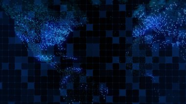 Dünya 'nın dijital haritasının 3 boyutlu görüntüsü. Megacities 'in ışıkları yumuşak bir parıltıyla birleşir. Herhangi bir fotoğraf, video, grafik veya proje için mükemmel arkaplan