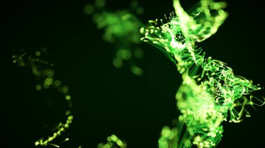 Renkli, soyut bir parçacığın ve pleksus sisteminin koyu arkaplandaki üç boyutlu yansıması. Temiz, doğal, ekolojik tema. Metin, logo veya diğer grafik tasarımı için uygun