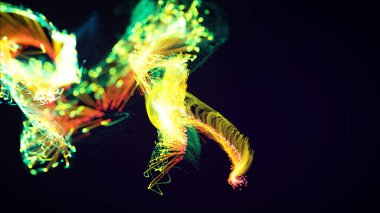 Renkli, soyut bir parçacığın ve pleksus sisteminin koyu arkaplandaki üç boyutlu yansıması. Metin, logo veya diğer grafik tasarımı için uygun