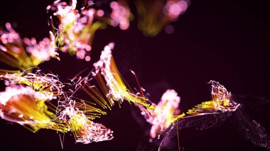 Renkli, soyut bir parçacığın ve pleksus sisteminin koyu arkaplandaki üç boyutlu yansıması. Metin, logo veya diğer grafik tasarımı için uygun