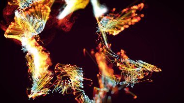 Renkli, soyut bir parçacığın ve pleksus sisteminin koyu arkaplandaki üç boyutlu yansıması. Metin, logo veya diğer grafik tasarımı için uygun