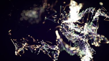 Renkli, soyut bir parçacığın ve pleksus sisteminin koyu arkaplandaki üç boyutlu yansıması. Neşeli bir atmosfer için. Metin, logo veya diğer grafik tasarımı için uygun