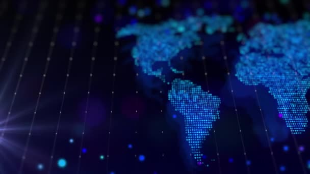 Digitální Mapa Světa Podobě Jasně Zářícího Složení Částic Virtuální Složení — Stock video