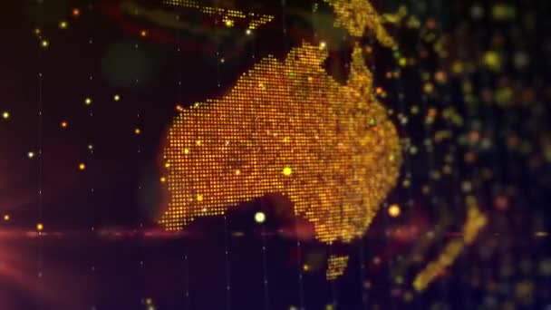 明るい輝く粒子組成の形でオーストラリアのデジタル地図 地理的輪郭におけるビッグデータの仮想組成 — ストック動画