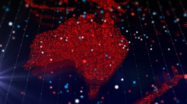 Avustralya 'nın üç boyutlu dijital haritasını parlak bir parçacık bileşimi şeklinde çiziyor. Coğrafyadaki büyük veri sanal bileşimi.