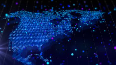Kuzey Amerika 'nın üç boyutlu dijital haritasını parlak bir parçacık bileşimi şeklinde çiziyor. Coğrafyadaki büyük veri sanal bileşimi.