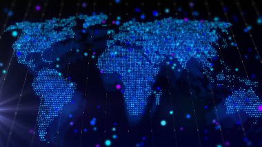 3D, dünyanın dijital haritasını parlak bir parçacık bileşimi şeklinde hazırlıyor. Coğrafyadaki büyük veri sanal bileşimi.