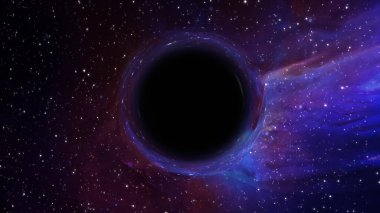 Süper kütleli bir kara deliğin 3 boyutlu görüntüsü, ön planda bir galaksi ve yıldızlı gökyüzüne karşı.