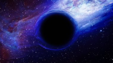 Süper kütleli bir kara deliğin 3 boyutlu görüntüsü, ön planda bir galaksi ve yıldızlı gökyüzüne karşı.