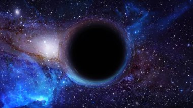 Süper kütleli bir kara deliğin 3 boyutlu görüntüsü, ön planda bir galaksi ve yıldızlı gökyüzüne karşı.