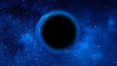 Süper kütleli bir kara deliğin 3 boyutlu görüntüsü, ön planda bir galaksi ve yıldızlı gökyüzüne karşı.