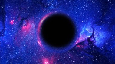 Süper kütleli bir kara deliğin 3 boyutlu görüntüsü, ön planda bir galaksi ve yıldızlı gökyüzüne karşı.