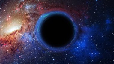 Süper kütleli bir kara deliğin 3 boyutlu görüntüsü, ön planda bir galaksi ve yıldızlı gökyüzüne karşı.