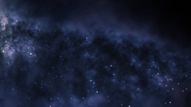 Nebula ve yıldız kümelerinden oluşan parlak bir galaksinin 3 boyutlu görüntüsü. Galaksinin merkezi. Parlak bir enerji merkezi.