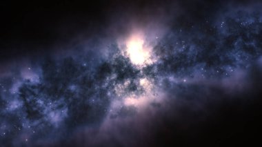Nebula ve yıldız kümelerinden oluşan parlak bir galaksinin 3 boyutlu görüntüsü. Galaksinin merkezi. Parlak bir enerji merkezi.