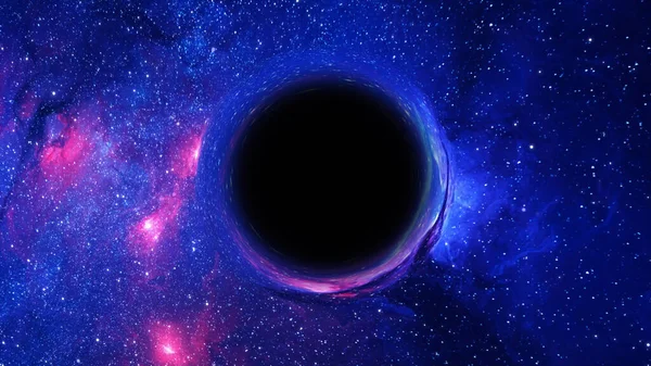 Süper kütleli bir kara deliğin 3 boyutlu görüntüsü, ön planda bir galaksi ve yıldızlı gökyüzüne karşı.