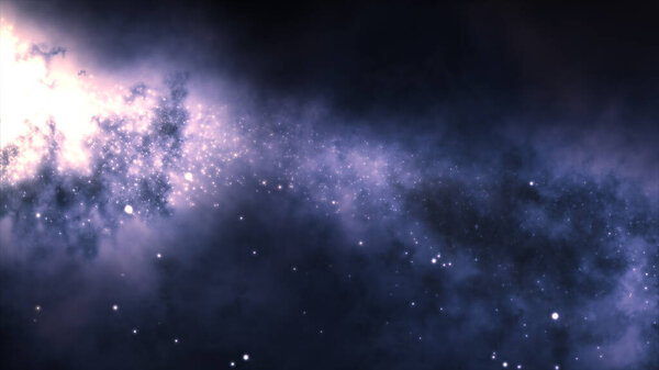 3D rendering of a bright galaxy consisting of nebulae and star clusters. The central part of the galaxy with a bright center of colossal energy