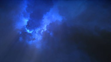 Yıldırımın 3 boyutlu yansıması ve bulutlardaki ışık efektleri. Parlak yıldırımlı gök gürültülü bulutlar. Kötü hava