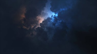 Yıldırımın 3 boyutlu yansıması ve bulutlardaki ışık efektleri. Parlak yıldırımlı gök gürültülü bulutlar. Kötü hava
