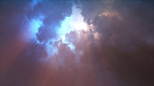 3D rendering of lightning strike and light effects in clouds. Thunderclouds with bright flashes of lightning. Bad weather