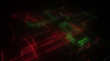 Parlak çizgiler ve noktalardan oluşan dijital neon teknoloji ağı. Verili soyut dijital uzay sistemi. Siyah arka planda parlak teknolojik parlama devreleri