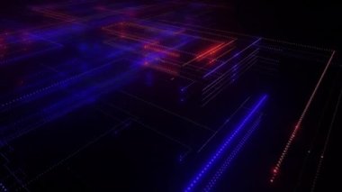 Parlak çizgiler ve noktalardan oluşan dijital neon teknoloji ağı. Verili soyut dijital uzay sistemi. Siyah arka planda parlak teknolojik parlama devreleri