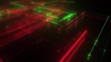 Parlak çizgiler ve noktalardan oluşan dijital neon teknoloji ağı. Verili soyut dijital uzay sistemi. Siyah arka planda parlak teknolojik parlama devreleri