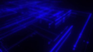 Parlak çizgiler ve noktalardan oluşan dijital neon teknoloji ağı. Verili soyut dijital uzay sistemi. Siyah arka planda parlak teknolojik parlama devreleri