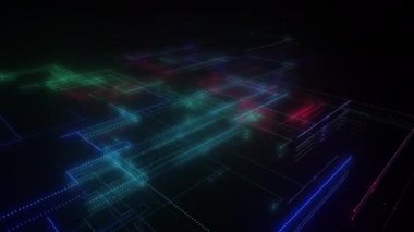 Parlak çizgiler ve noktalardan oluşan dijital neon teknoloji ağı. Verili soyut dijital uzay sistemi. Siyah arka planda parlak teknolojik parlama devreleri