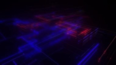 Parlak çizgiler ve noktalardan oluşan dijital neon teknoloji ağı. Verili soyut dijital uzay sistemi. Siyah arka planda parlak teknolojik parlama devreleri