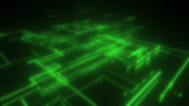 Parlak çizgiler ve noktalardan oluşan dijital neon teknoloji ağı. Verili soyut dijital uzay sistemi. Siyah arka planda parlak teknolojik parlama devreleri