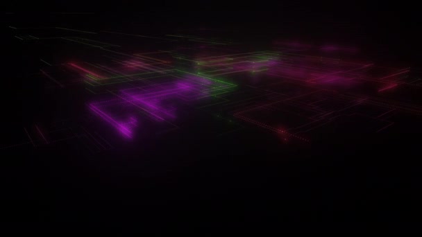 明るいラインおよび点から成っているデジタルネオン技術の網 データによる抽象的なデジタル空間システム 黒い背景の明るい技術的な光る回路 — ストック動画