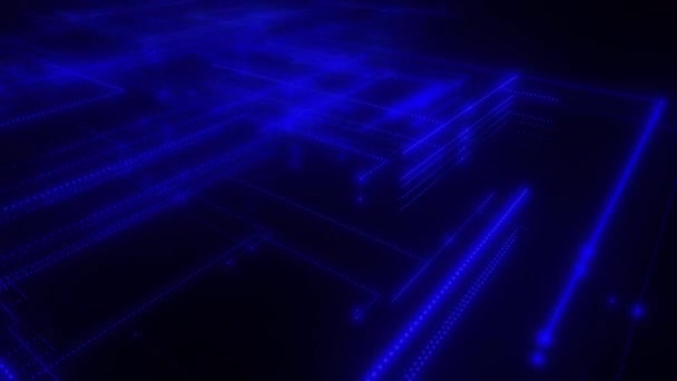 明るいラインおよび点から成っているデジタルネオン技術の網 データによる抽象的なデジタル空間システム 黒い背景の明るい技術的な光る回路 — ストック動画