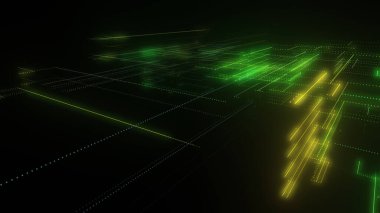 Parlak çizgiler ve noktalardan oluşan üç boyutlu bir neon örgü. Verili soyut dijital uzay sistemi. Siyah arka planda parlak teknolojik parlama devreleri