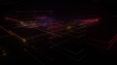 Parlak çizgiler ve noktalardan oluşan üç boyutlu bir neon örgü. Verili soyut dijital uzay sistemi. Siyah arka planda parlak teknolojik parlama devreleri