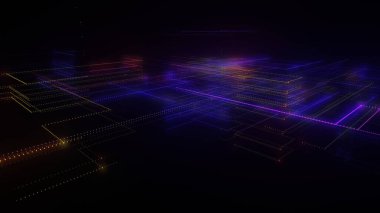 Parlak çizgiler ve noktalardan oluşan üç boyutlu bir neon örgü. Verili soyut dijital uzay sistemi. Siyah arka planda parlak teknolojik parlama devreleri