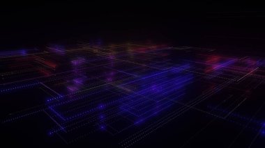 Parlak çizgiler ve noktalardan oluşan üç boyutlu bir neon örgü. Verili soyut dijital uzay sistemi. Siyah arka planda parlak teknolojik parlama devreleri