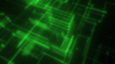 Parlak çizgiler ve noktalardan oluşan üç boyutlu bir neon örgü. Verili soyut dijital uzay sistemi. Siyah arka planda parlak teknolojik parlama devreleri