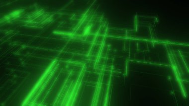 Parlak çizgiler ve noktalardan oluşan üç boyutlu bir neon örgü. Verili soyut dijital uzay sistemi. Siyah arka planda parlak teknolojik parlama devreleri